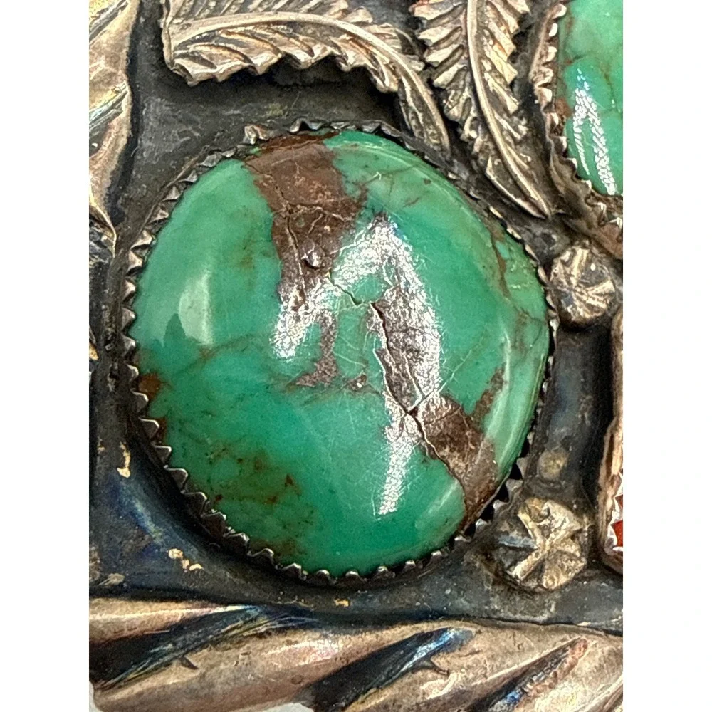 Vintage Sterling  Navajo Style Turquoise Coral Belt Buckle Silver Tone Leaf